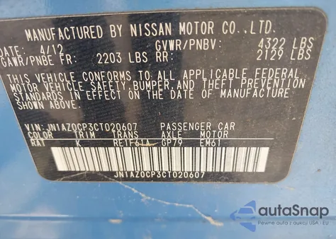 2012 Nissan Leaf Sl z USA, uszkodzony, nr VIN JN1AZ0CP3CT020607